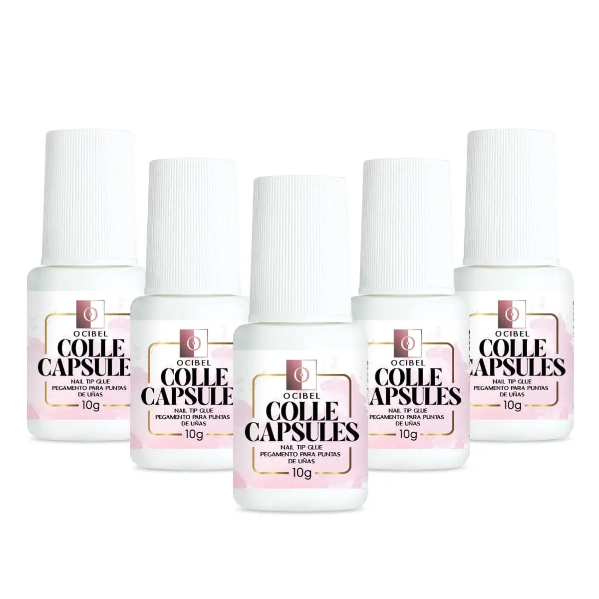 5 Colles Extra Forte pour Faux Ongles 5x10g = 50g (50ml) - Pinceau applicateur pour Capsules en Gel, Plastique, Acrylique et Strass OCIBEL