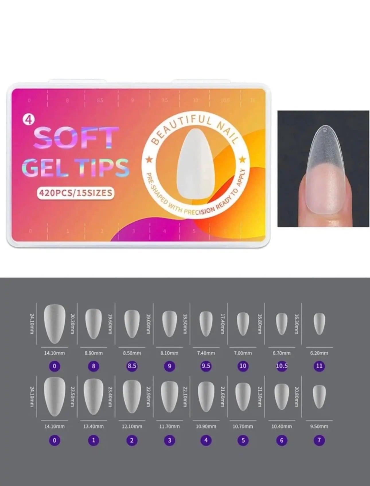 Boite de 420 Soft Gel Tips Amande M pour Ongles - 15 Tailles – Mat OCIBEL
