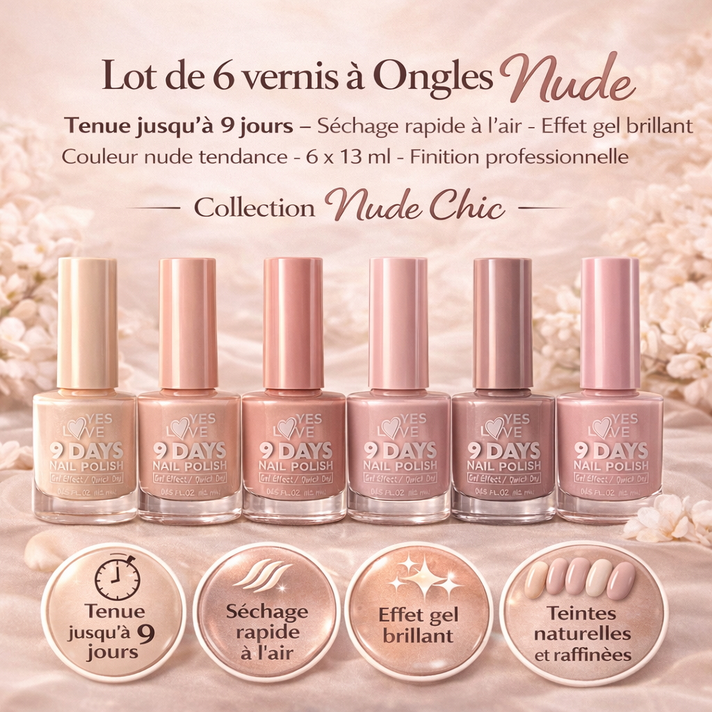 Lot de 6 Vernis à Ongles Nude 6 x 13 ml – Effet Gel Brillant – Tenue 9 Jours – Séchage Rapide – Couleurs Naturelles Élégantes – Finition Professionnelle OCIBEL
