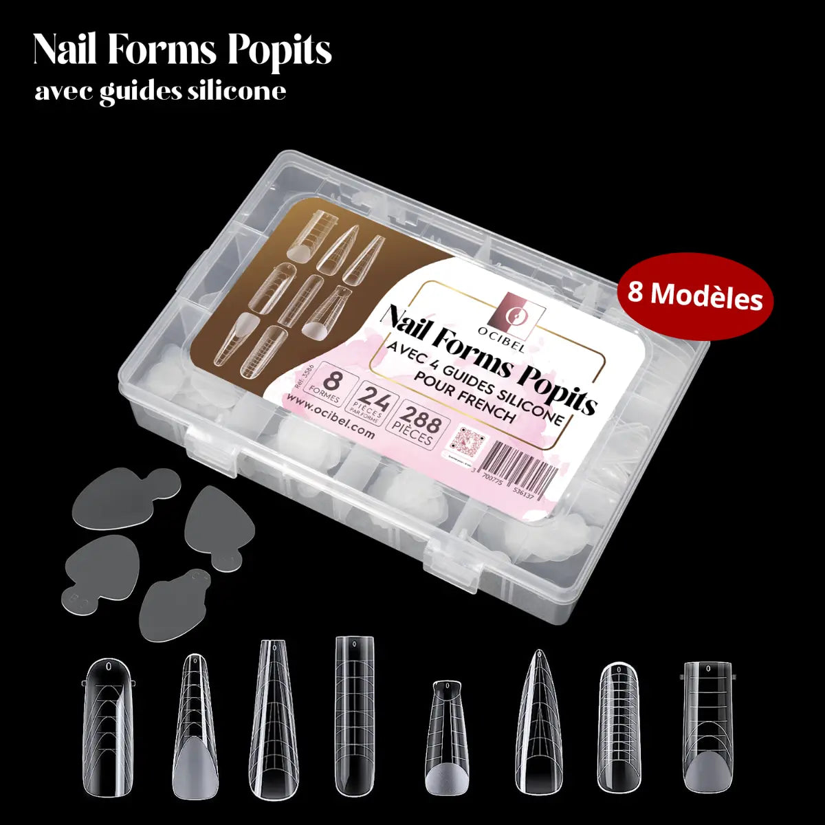 Nail Forms Popits Transparentes - 8 Formes et 4 Guides French - 288 Pièces OCIBEL