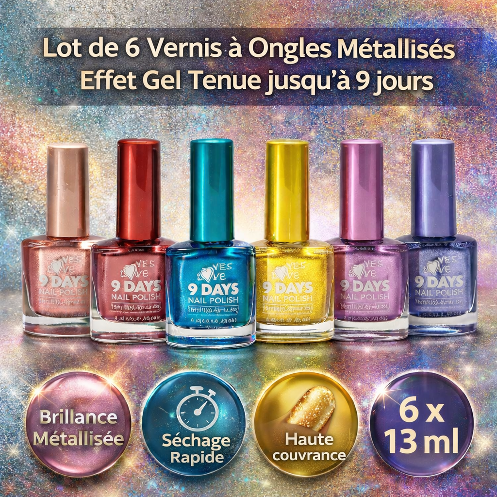 Lot de 6 Vernis à Ongles Métallisés Effet Gel – Longue Tenue 9 Jours – Brillance Intense – Séchage Rapide – Couleurs Tendances Modernes et Classiques – Haute Couvrance OCIBEL