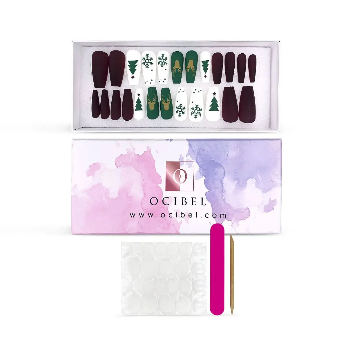 Press On Nails Faux Ongles Réutilisables - Medium Coffin Noël OCIBEL