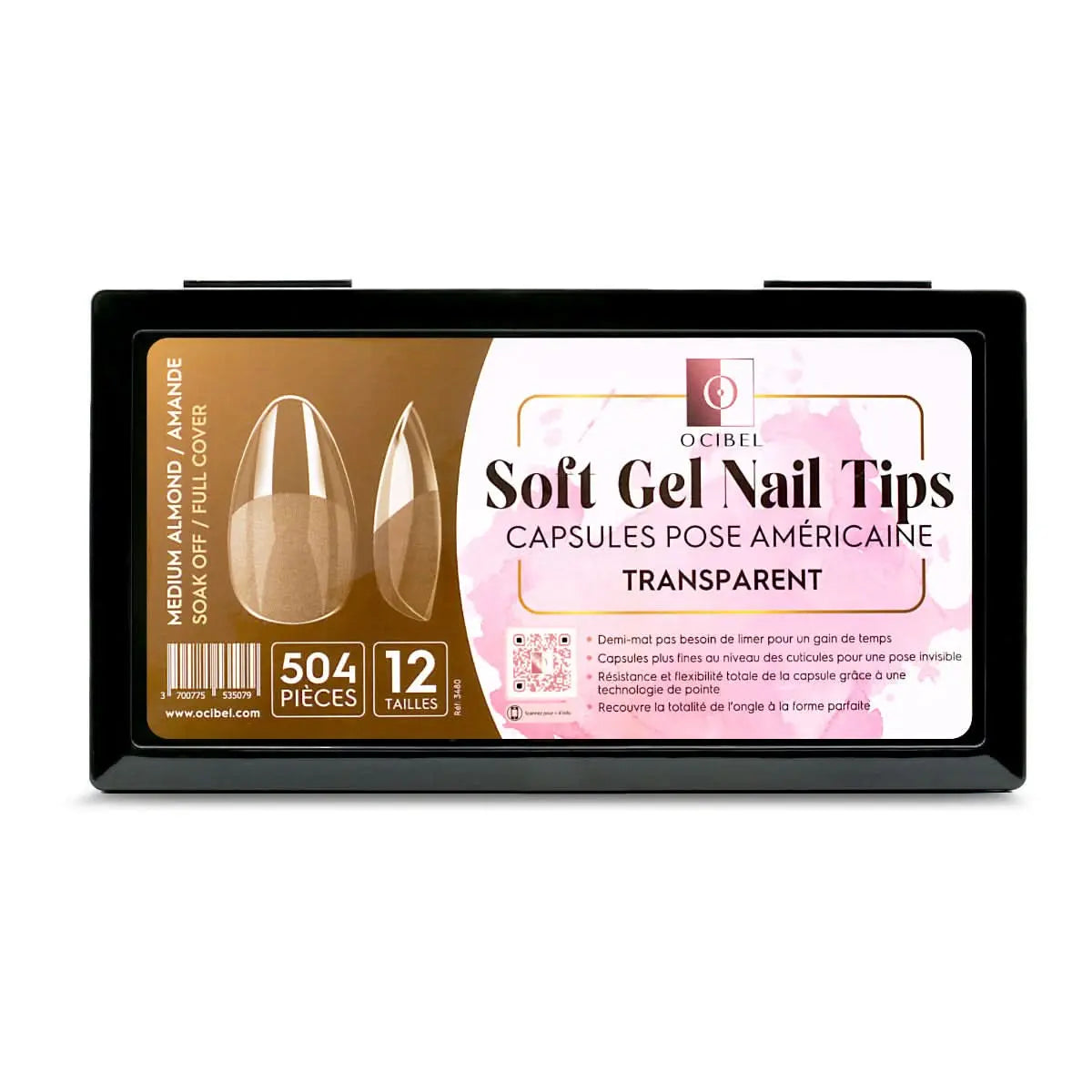 Soft Gel Nail Tips 504 Capsules Pose Américaine Demi-Mat Transparente 12 tailles - Medium Almond Amande OCIBEL