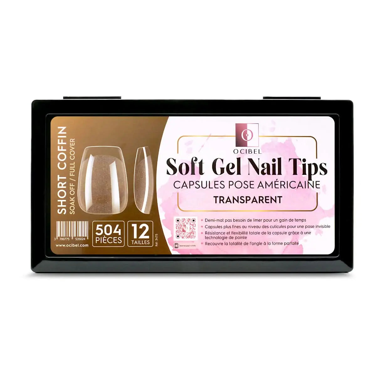 Soft Gel Nail Tips 504 Capsules Pose Américaine Demi-Mat Transparente 12 tailles - Short Coffin OCIBEL
