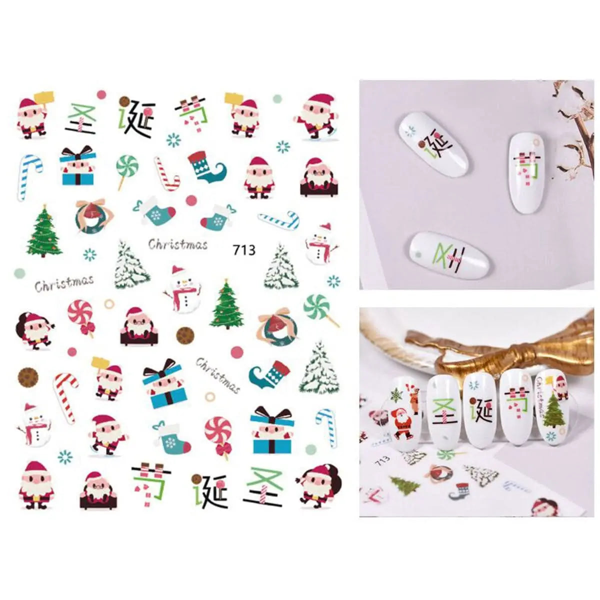 Sticker Nail Art Noël Coloré - Père Noël, Bonhomme de Neige, Sapin, Cadeau, Sucre d'Orge OCIBEL
